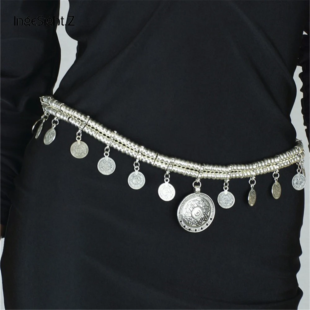 

IngeSight.Z Vintage Multi Layered Antique Silver Harness Waist Belly Chain Punk Coin Pendant Belt Body Chain for Women Jewelry