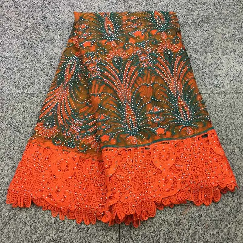

2017 Orange Guipure African Lace Fabric High Quality French Net Lace Fabric With Stone Advanced Nigerian Lace Fabric For Wedding