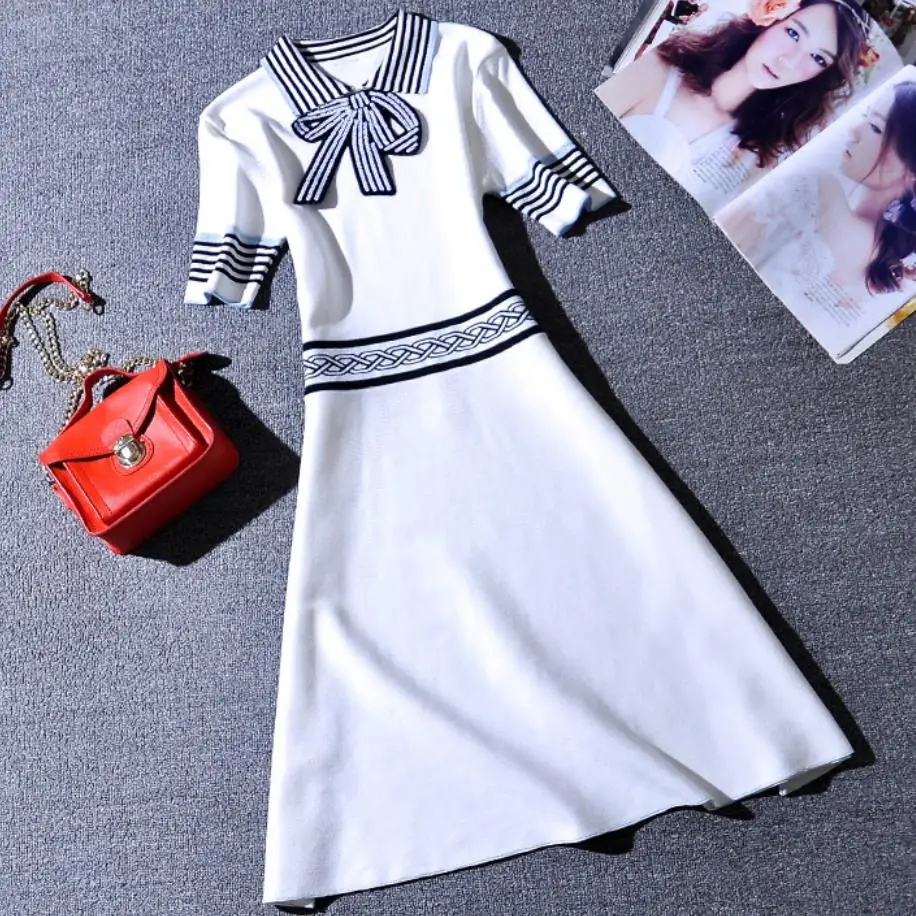 summer spring preppy style contrast color knitted dress women striped lapel sequin bow short-sleeved a-line dress
