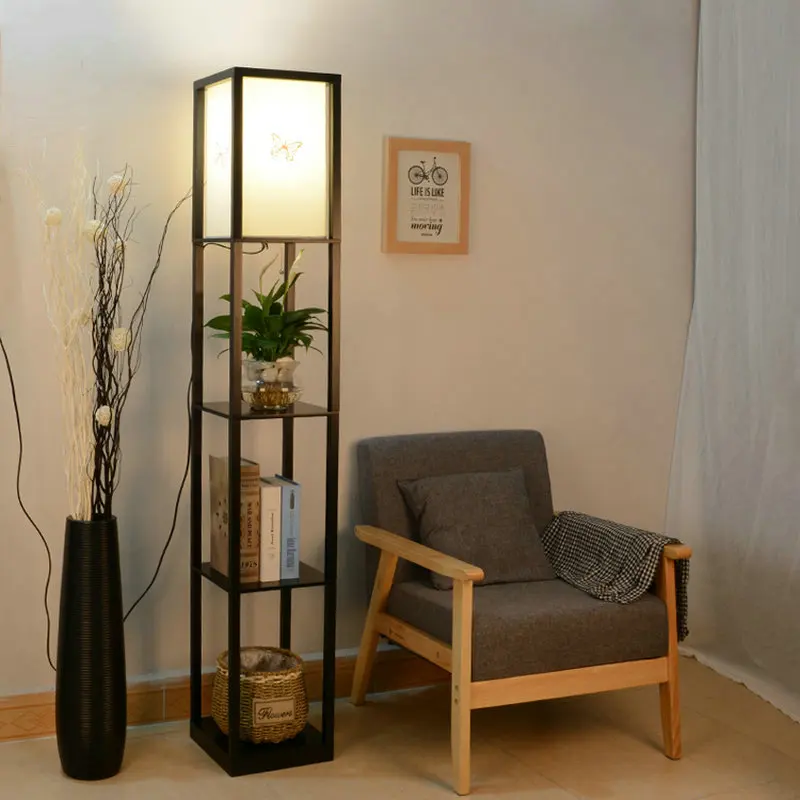 Decorativa de Madeira Luminária de Chão do Sotão Candeeiro de pé com Prateleira de Armazenamento de Mesa para Quartos Sala de Estar Modern Preto Branco Casa Led 3 Luminárias de pé