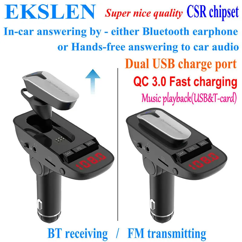 

EKSLEN ER9 In-car FM transmitter Bluetooth Handsfree AUX Audio Music MP3 Player Car Kit Headset USB Charger Support TF Card