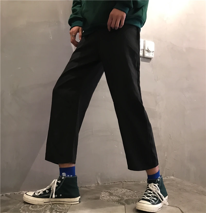 Pants women 2019INS same paragraph loose wild color simple slim casual nine pants straight wide leg pants men and women
