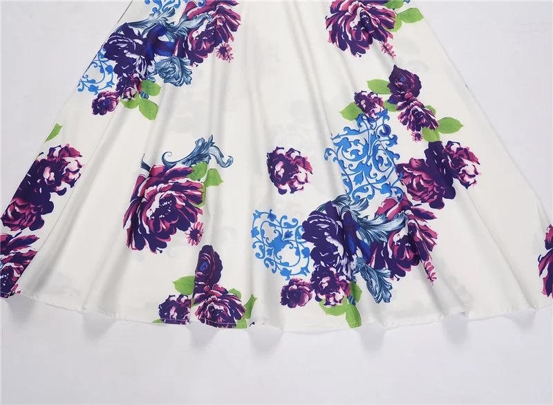 Kostlich High Quality O-Neck Floral Print Dresses Summer Hepburn Vintage Dress Women Big Swing Dress Plus Size S-2XL With Sashes (7)