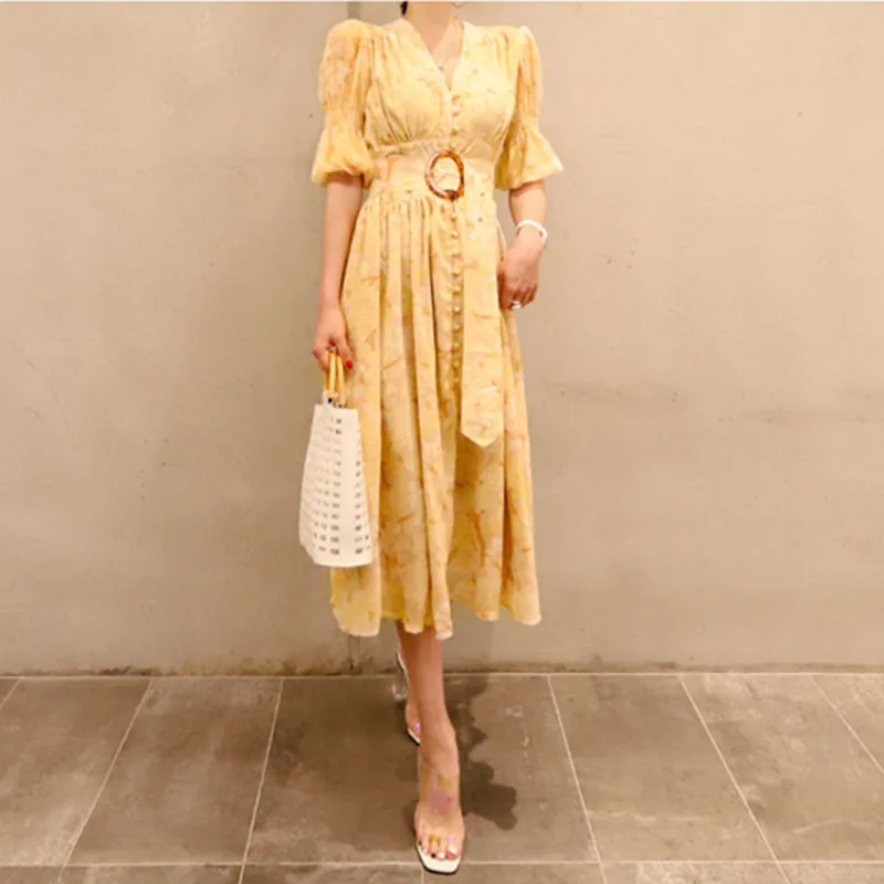 

2019 Summer Women Vintage Sexy V-neck Puff Sleeve Single-breasted Yellow Print Beach Runway Celebrity Party Dress With Belt