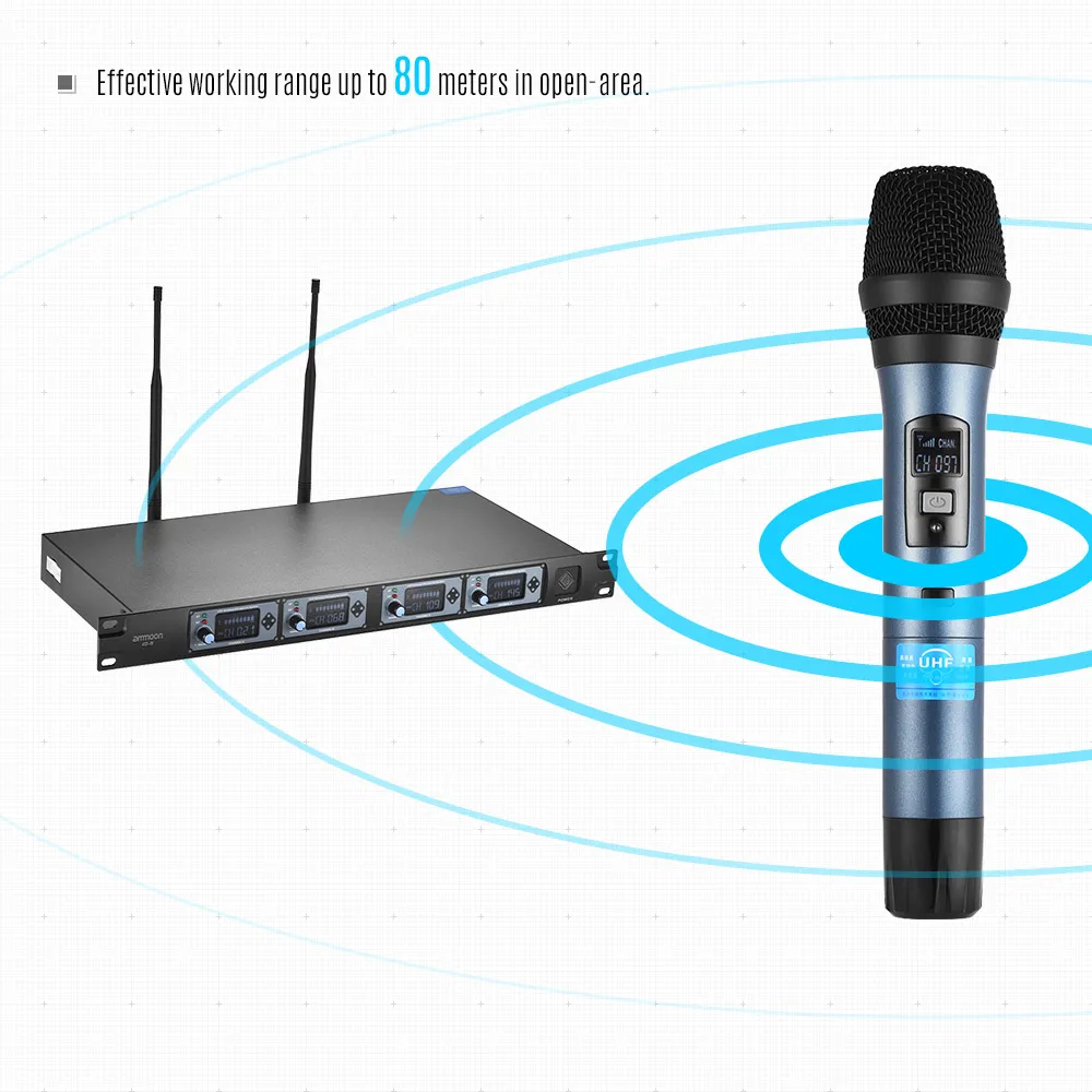 Ammoon 4D 4 канал частоты UHF Беспроводная микрофонная система ручной 4 микрофона 1 беспроводной приемник 6,35 мм аудио кабель ЖК-дисплей