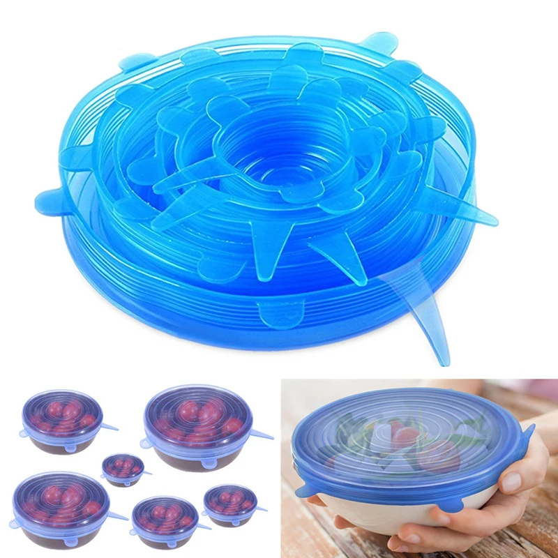 

6pcs/set Silicone Lids Durable Reusable Food Save Cover Heat Resisting Fits All Sizes and Shapes of Containers Kitchen Cookware