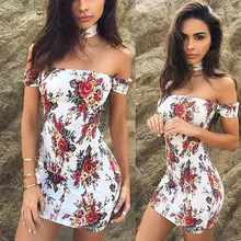 Для женщин с открытыми плечами Лето Boho шифоновое пляжное платье Цветочный принт Мини-платья дамы Для женщин S цветочный сексуальный краткое сарафан 2 шт.