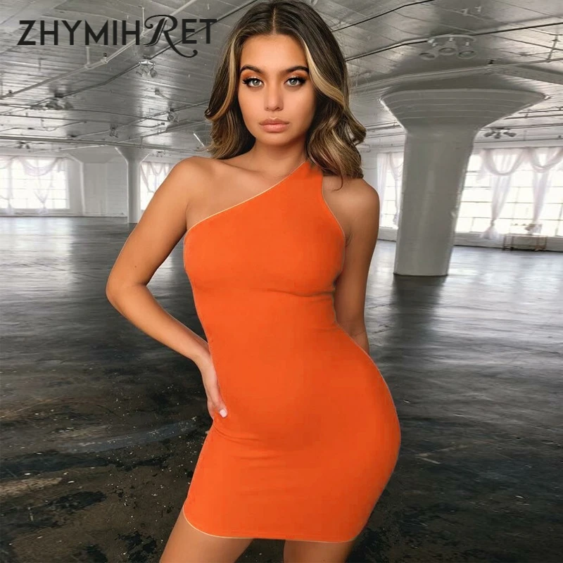 Женское платье на одно плечо ZHYMIHRET неоново зеленое мини с вырезом спине для