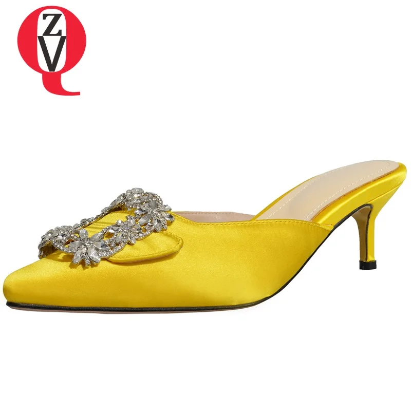 

ZVQ women fashion slippers pointed toe thin heel pumps 2019 crystal decoration outside party shoes new style solid slides woman
