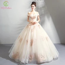 SSYFashion Новое роскошное свадебное платье для невесты, замужней, цвета шампанского, розовые кружевные аппликации, бисероплетение, а-силуэт, длина до пола, свадебное платье