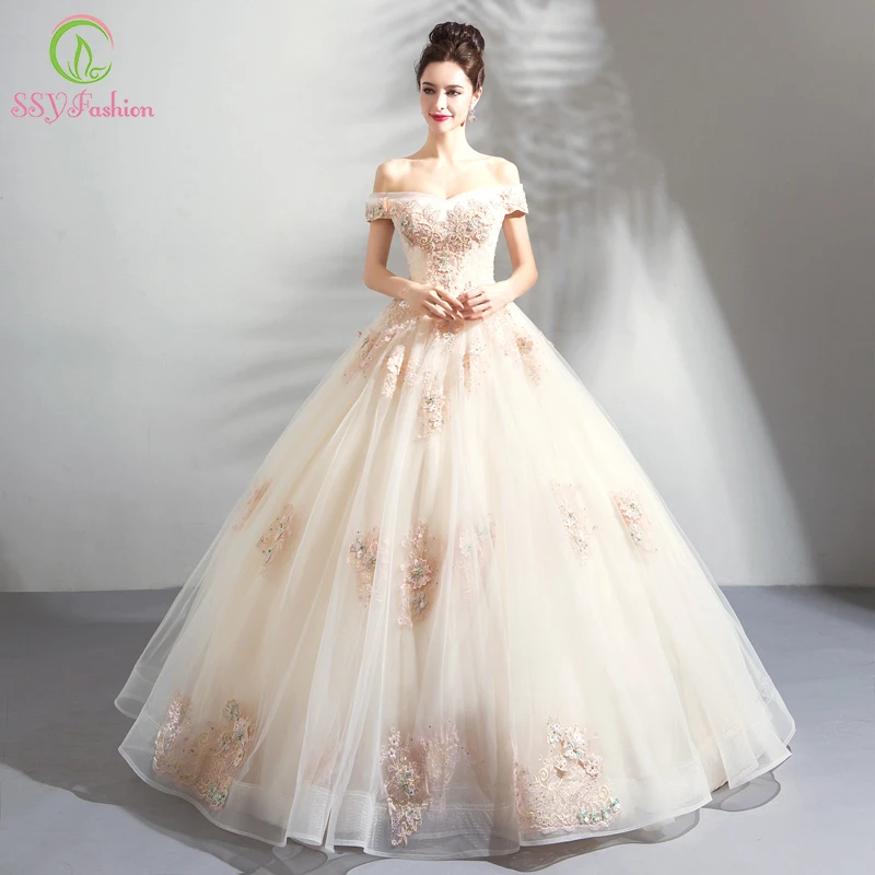 champagne pink wedding dress