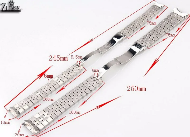 ZLIMSN 13 20 мм 316L цельный ремешок из нержавеющей стали с изогнутым концом серебристый/черный/золотой/розовое золото ремешок для часов