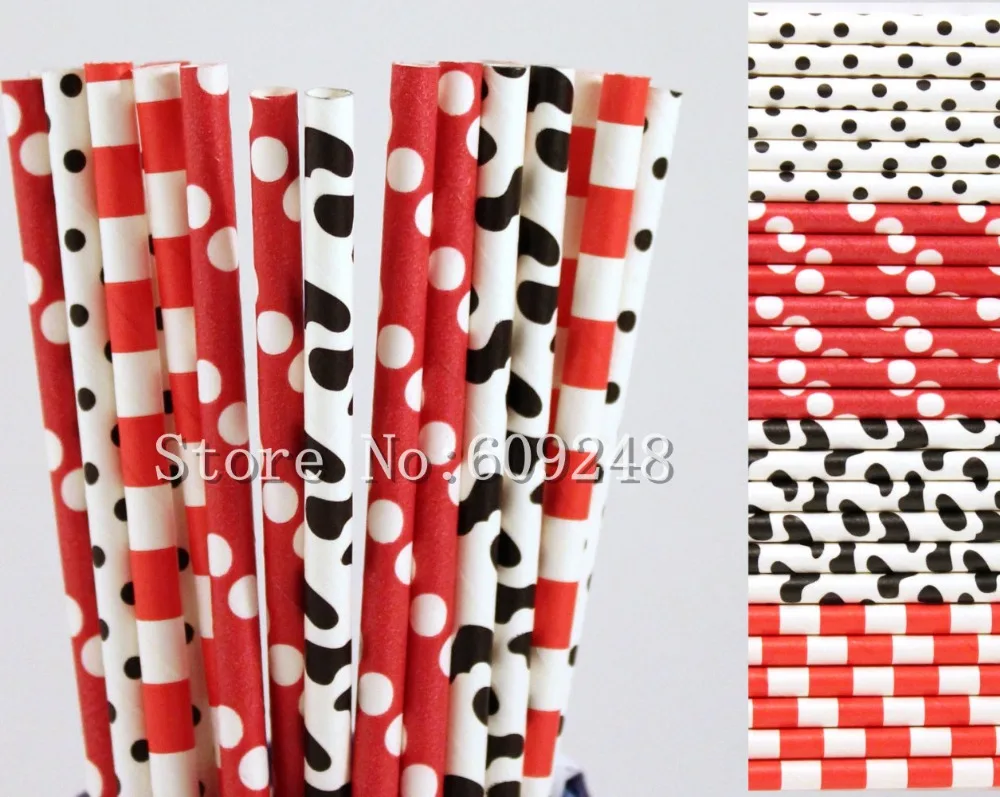 

100pcs Farm Drinking Paper Straws Mix,Red Sailor Striped and Dot,Black Swiss Dot and Cow Print,Kids Children Birthday Party Bulk