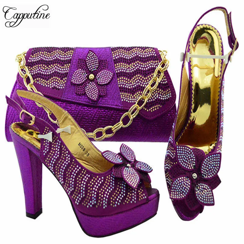 

Capputine Latest Design 2018 Italian Rhinestone Shoes And Bag Set For Wedding African Elegant Shoes And Bag Set for Party YM008