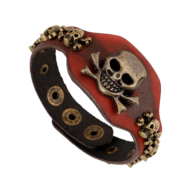 Gold Skull Wrap Genuine Leather Punk Bracelets For Men Women New Arrival Adjustable | Украшения и аксессуары