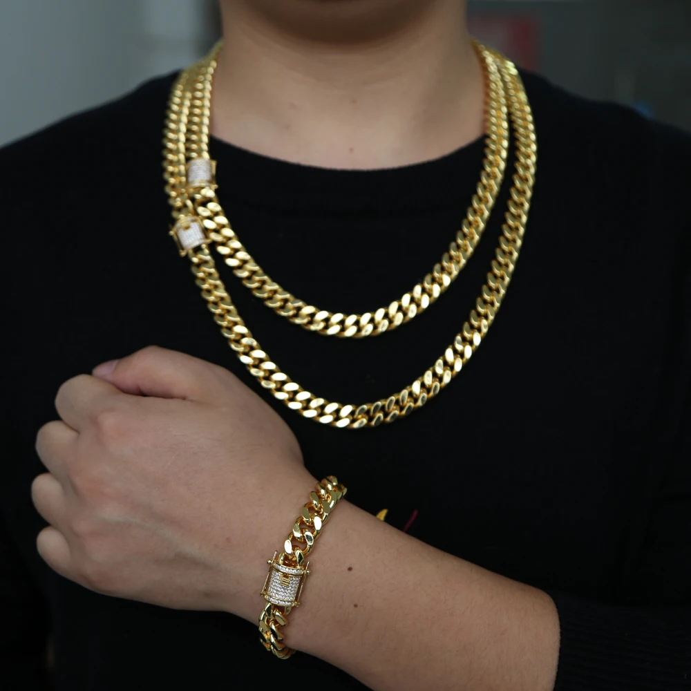 

Gold filled Rock hip hop men boy jewelry wide cuban link chain micro pave cz clasp high quality Cool Miami bracelet necklace set