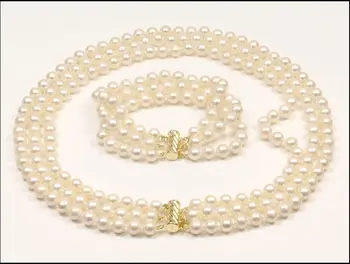 

3 ROW 18" 8-9MM GENUINE WHITE PEARL NECKLACE BRACELET 14K GOLD CLASP
