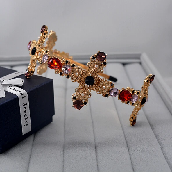 

2019 Fashion colorful crystal cross hairbands for women head jewelry gold headband crowns bridal tiara wedding hair accessories