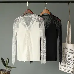 2018 бросился Tumblr Kpop женщин Бесплатная доставка 2019 весной новый шить кружева с резьбой свитер женщин чувство Slim Fit v-образным вырезом рубашк