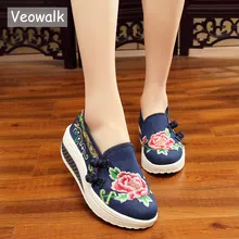 Veowalk/женская Повседневная парусиновая обувь с цветочной вышивкой, без шнуровки, на плоской платформе, удобные женские лоферы из джинсовой ткани на толстой подошве