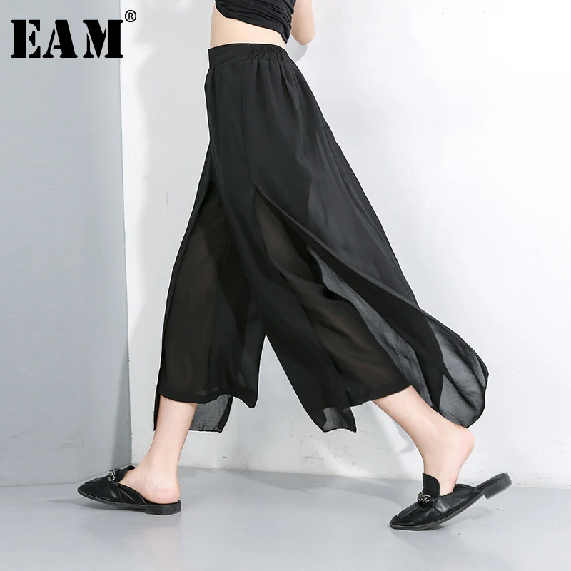 [EAM] новые осенние зимние свободные черные шифоновые широкие брюки с высокой эластичной талией, женские модные брюки JX490