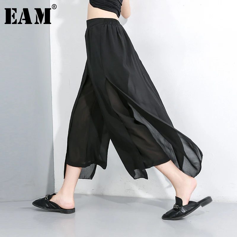 

[EAM] 2019 New Autumn Winter High Elastic Waist Loose Black Chiffon Split Joint Wide Leg Pants Women Trousers Fashion Tide JX490