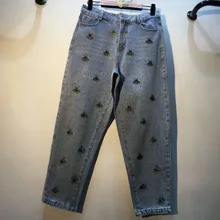 Свободные джинсы женские весенняя одежда тяжелая Горячая дрель пчела вышивка шаровары женские студенческие высокая талия джинсовые брюки