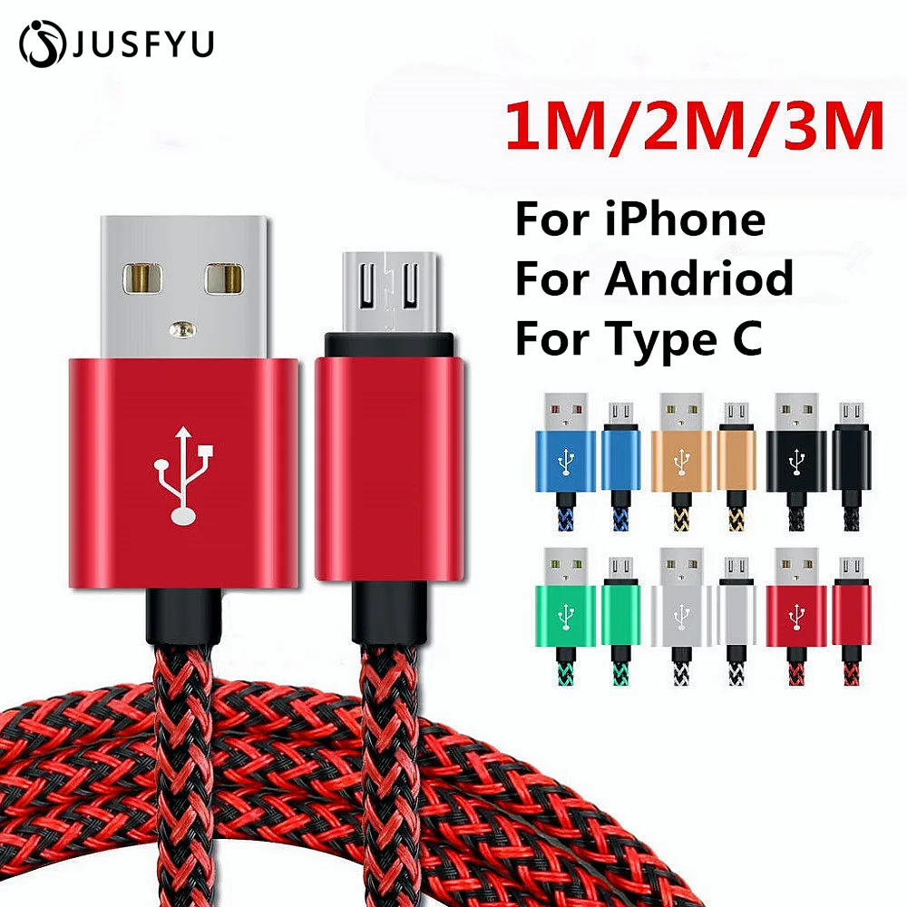 1/2/3 متر كابل شحن USB مايكرو مضفر آيفون 5 5 S 6 S 7 8 زائد X الروبوت نوع -C طويلة الهاتف المحمول شاحن سامسونج