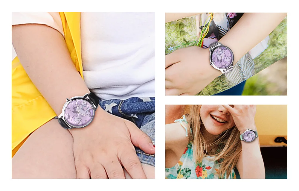 Новые часы с единорогом, детские часы с рисунком радуги, детские часы с кожаным ремешком для девочек, аналоговые кварцевые часы из сплава, Relogio Masculino kol saati