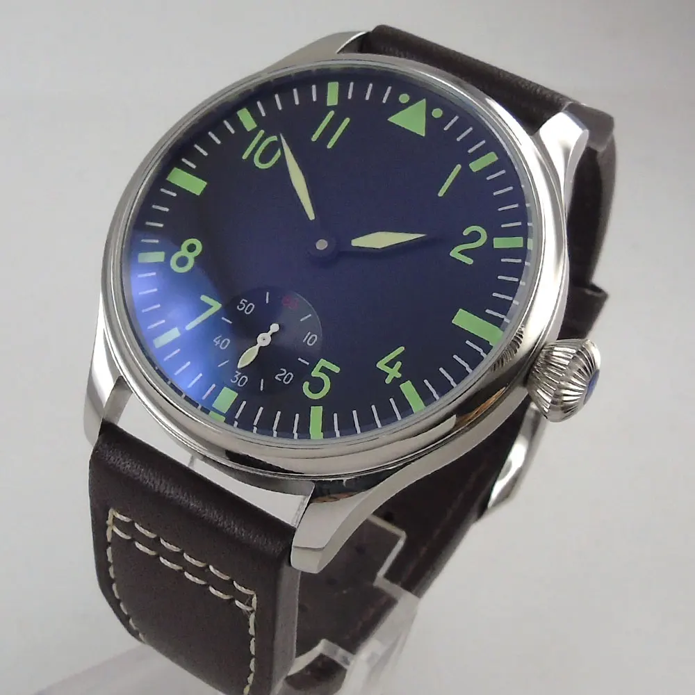 

Fashion 44MM Black Dial Green Numerals 17 Jewels 6498 Hand-Winding Movement Men's Watch Luminous Marks Leather Strap Relogio P1