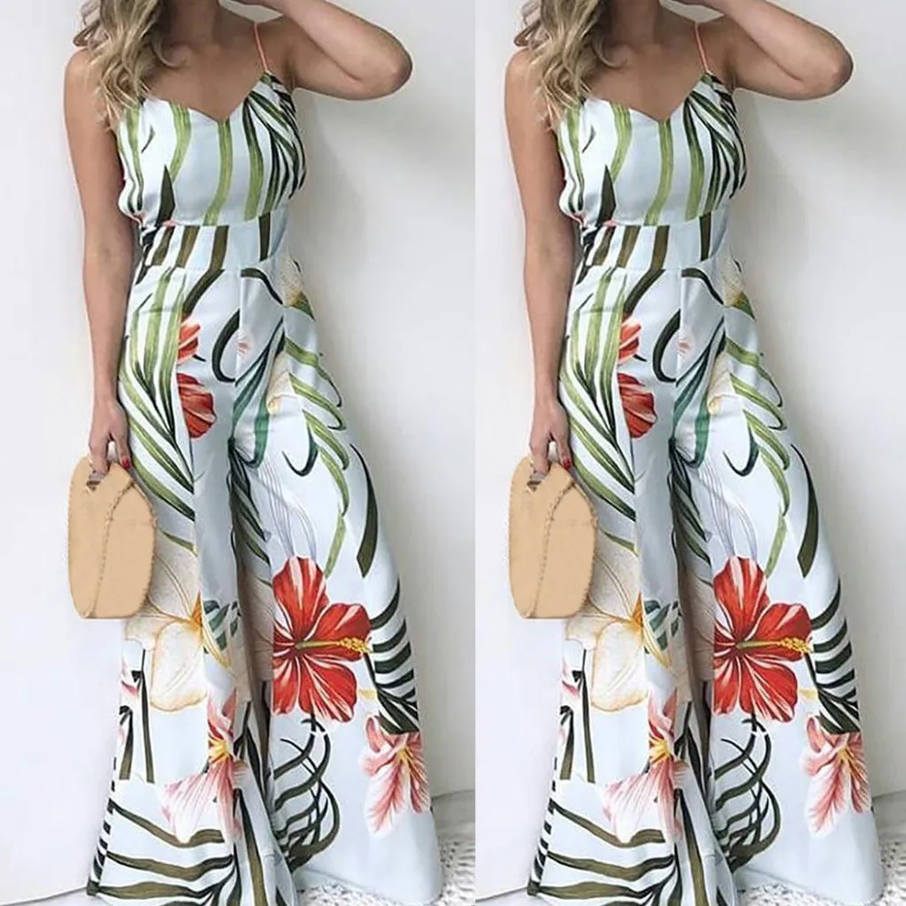 

Printed Strappy Casual Long Jumpsuit summer Women Sleeveless V-neck Party High Waist Rompers Elegant Combinaison Femme