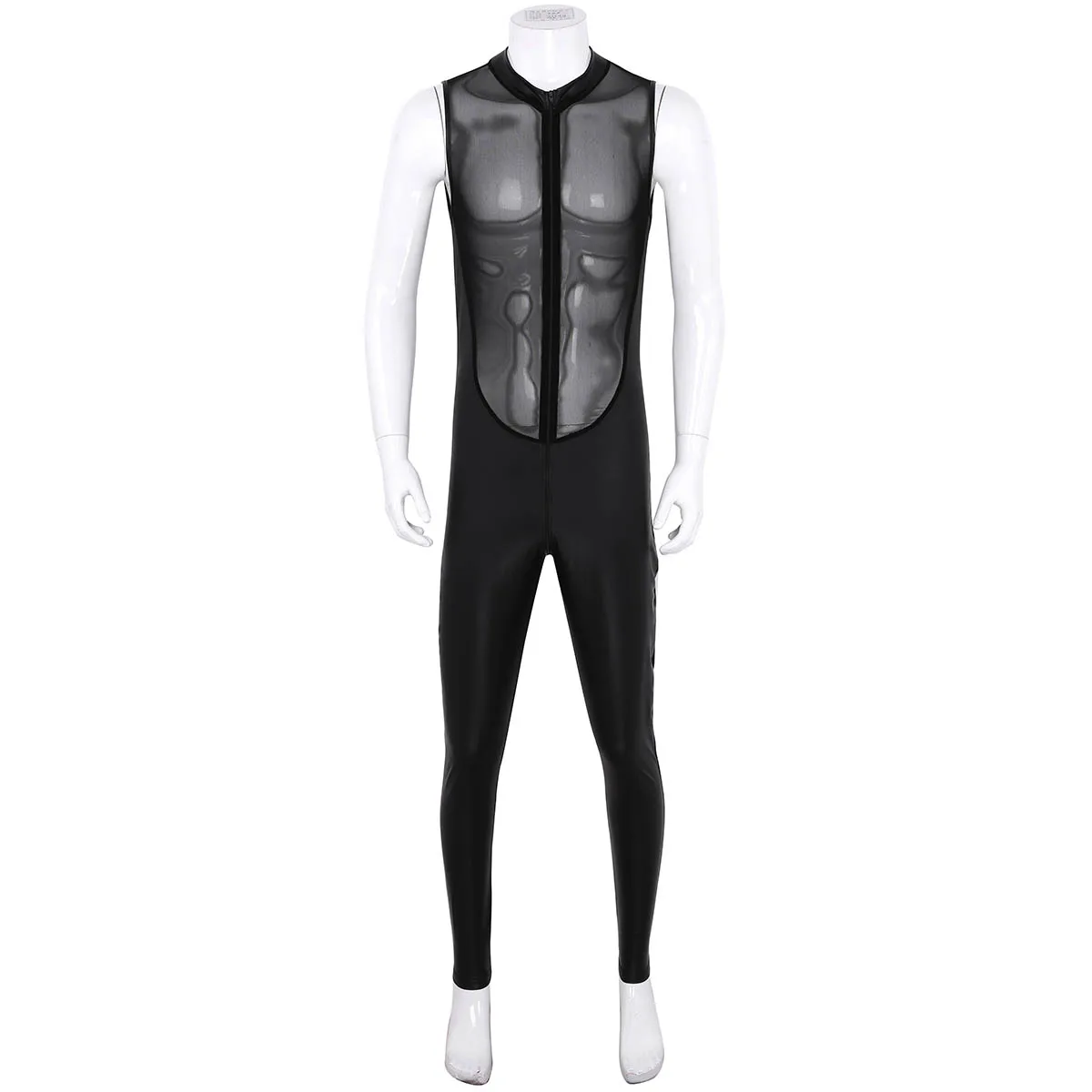 Tiaobug Adult Black Wetlook Patent Leather Sheer Mesh Splice Zipper Crotch Leotard Bodysuit Men Jumpsuit Zentai Club Costume -Zentai shop online