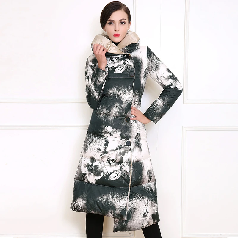 New European style single-breasted thicikening long warm down cotton coat fashion ink printing padded coat outwear T788