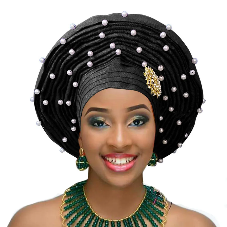 black Aso oke gele nigerian woman headtie with white beads african woman auto gele for wedding headwear 2018