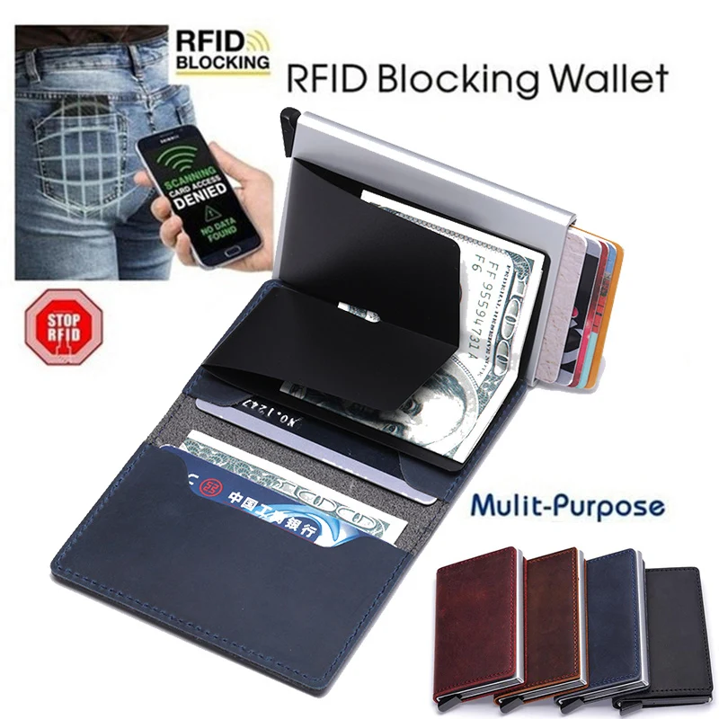 

Antitheft Genuine Leather Credit Card Holders Business Men Card Holders RFID Card Cases Automatical Aluminium Bank Card Wallets