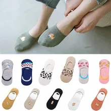 Девушка Лето Low Cut Невидимый Embroidere короткие носки-башмачки Симпатичные в виде арбуза фрукты полосы печатных Нескользящие силиконовые хлопковые чулки