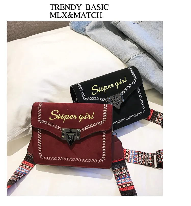 Women's Suede Leather Vintage Handbag Metal Lock Crossbody Bag with Colorful Strap Stylish Girl Red Black Brown Cross Body Purse (8)