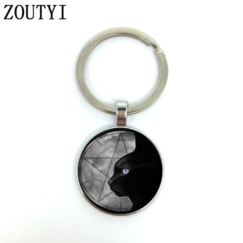 

New / hot, exquisite crystal handmade Wicca five-pointed star and cat men's key chain quality car pendant key ring