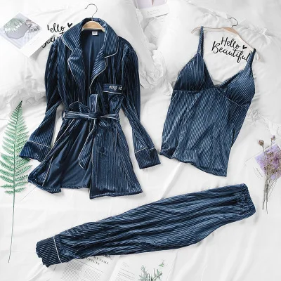 

Daeyard Women Luxury Velvet Sleepwear Pajamas Autumn Winter Fashion Striped Pajama Set Caimi Pants & Robes 3Pcs Nightie Homewear