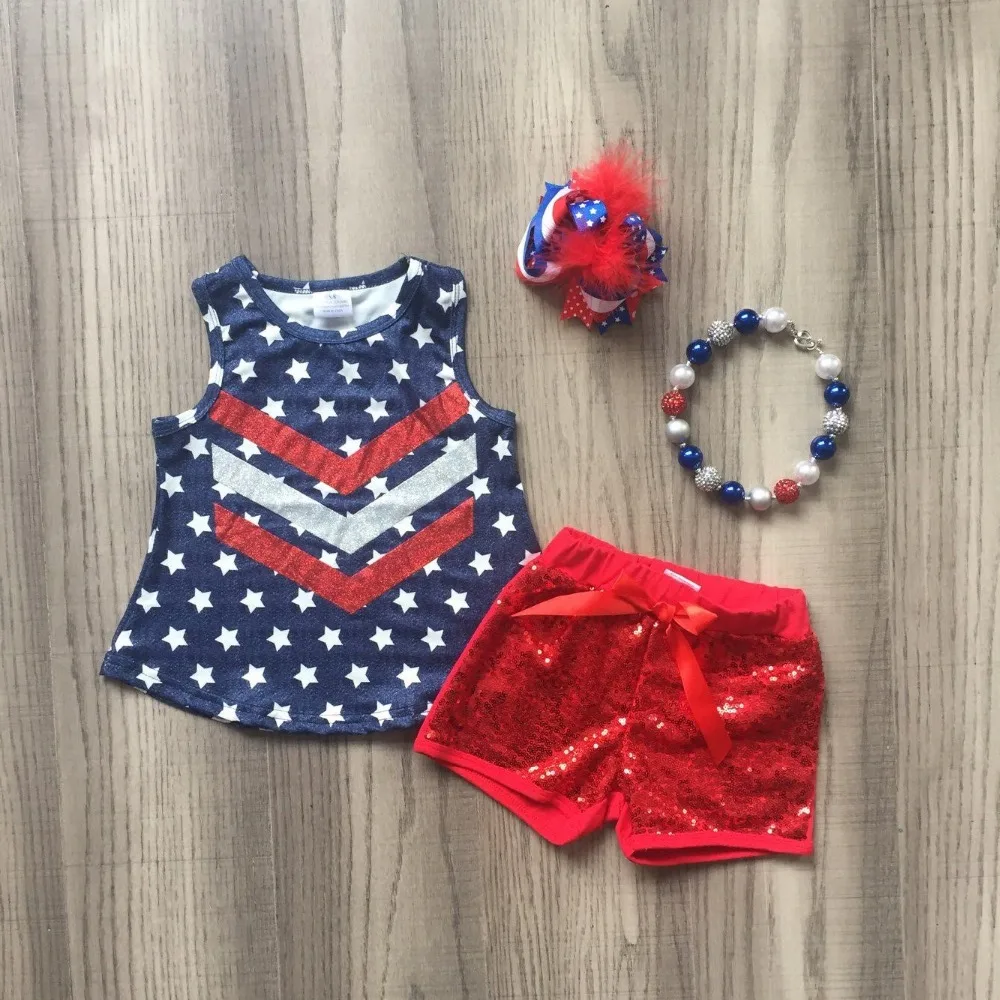 

new arrivals summer baby girls clothes outfits sets navy cotton stars red sequins shorts boutique children match accessories kid