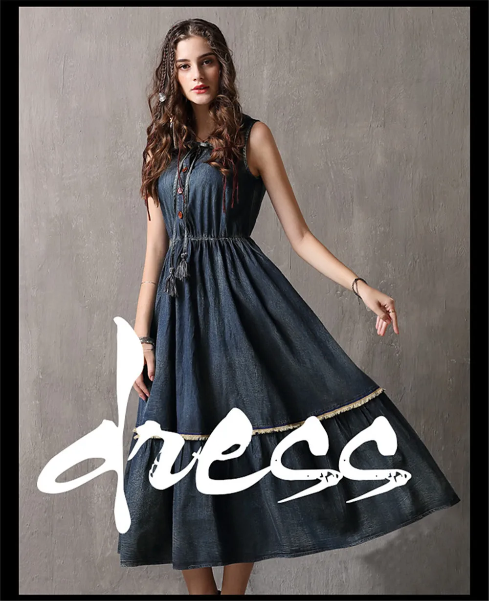 Vintage Summer Tank Dress 2018 Casual High Waist Denim Vestidos O-Neck Swing Hem A-line Elegant Sundress Dress Female K82106 (6)