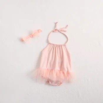 

2019 Lace Mesh Tutu Pink Princess Girls Rompers With Bow Headbands Infant Kids Sweet Rompers Wholesale