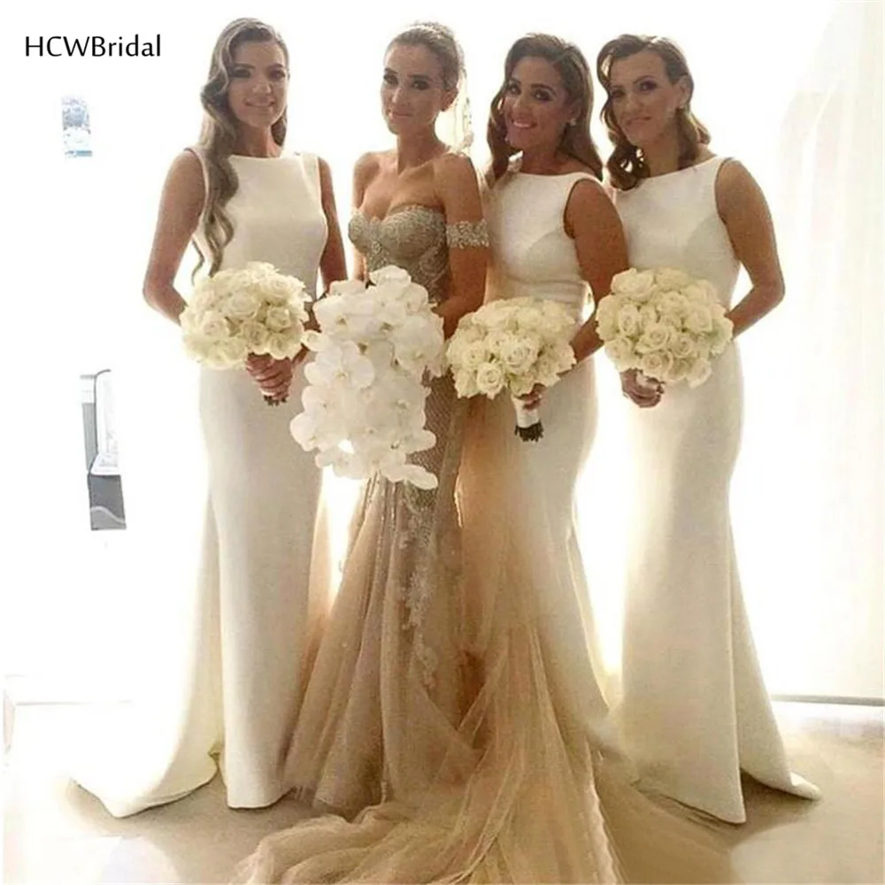 

Hot Selling White Long Maid Of Honor Dresses Cheap Sleeveless Satin Mermaid Bridesmaid Dress 2019 Women Wedding Party Gowns