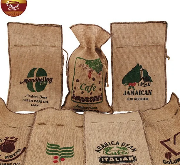 

coffee burlap bag/drawstring burlap sack/coffee bag packaging/printing burlap bean pouch