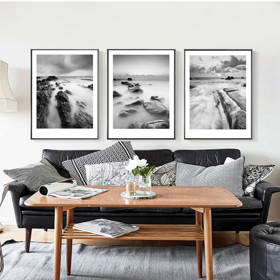 Hd seascape black white photography poster print canvas painting wall picture modern nordic art home decor 3 piece no frame