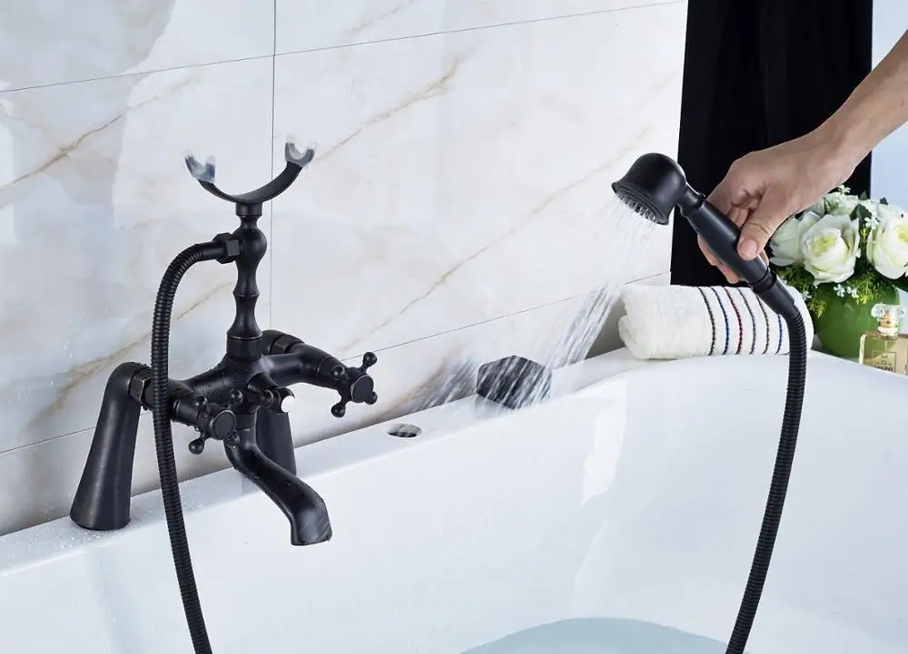Bathroom Oil Rubbed Bronze Deck Mounted Shower Faucets Set Bathtub Faucet Water Mixer Tap with Hand Shower ZD313