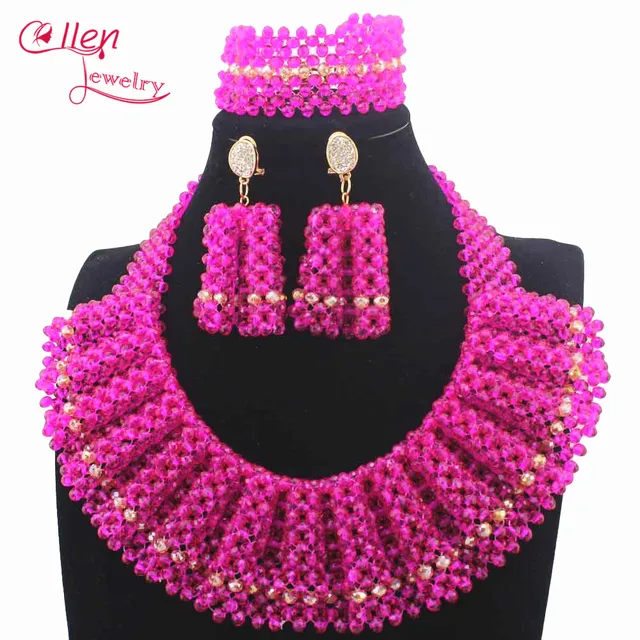 Fuschia Pink Crystal Beaded Bridal Necklace Set Mix Chunky Fuschia Pink Crystal Beaded Bridal Necklace Set Mix Chunky Bib Women African Jewelry Sets New Year Gift Free Shipw14038