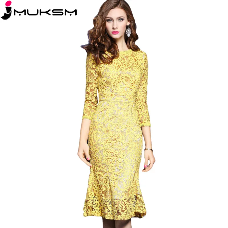 

2018 Spring Autumn Lace Dresses Women High-waist Tight Slim Elegant Dress Pencil Office OL Jurken Woman Party Vestidos J098