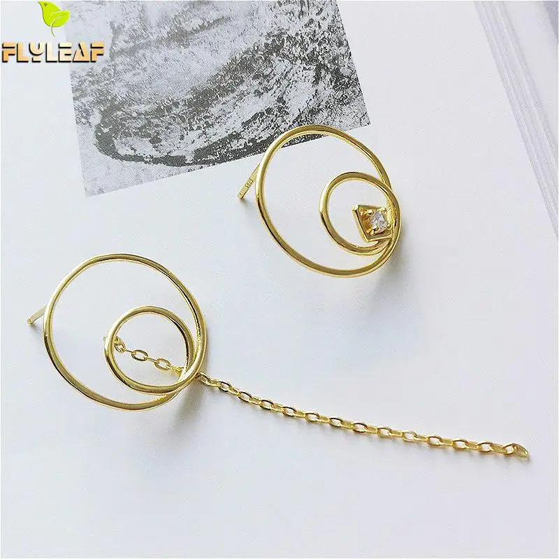 

Flyleaf 925 Sterling Silver Asymmetry Round Cubic Zirconia Drop Earrings For Women 18k Gold Dangle Earings Fashion Jewelry