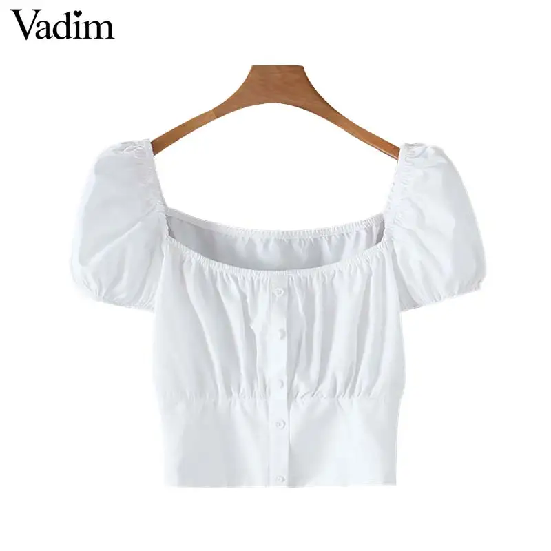 

Vadim women sweet white crop top square collar short sleeve blouse short style female casual cute sexy tops blusas DA264